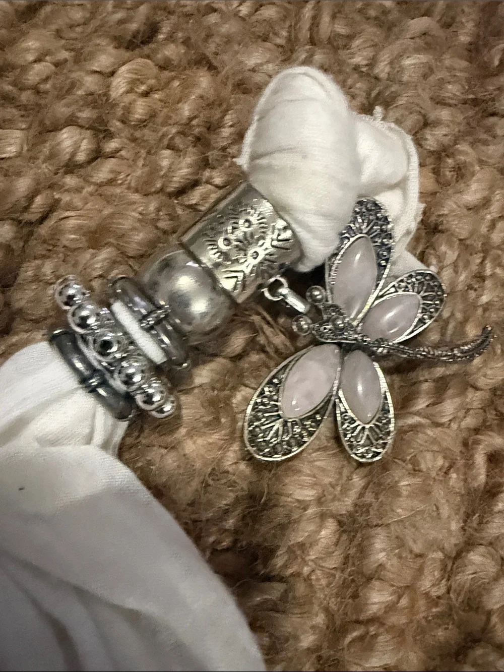 White Scarf Belt with Silver Dragonfly Charm Silver Accents LIKE NEW